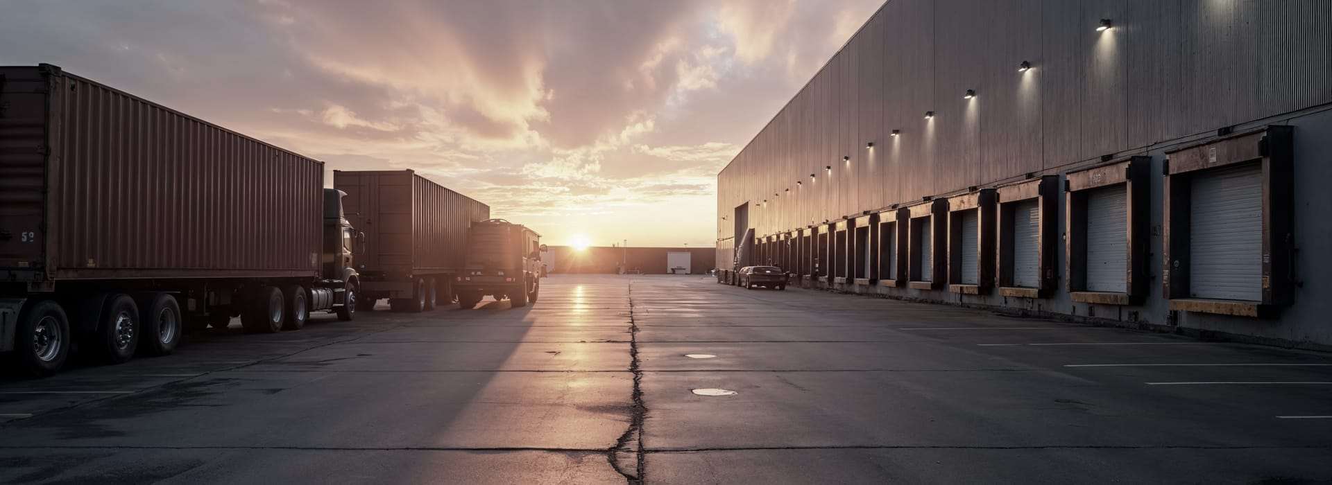 Muelles de carga de un centro de distribución al atardecer, con camiones estacionados
